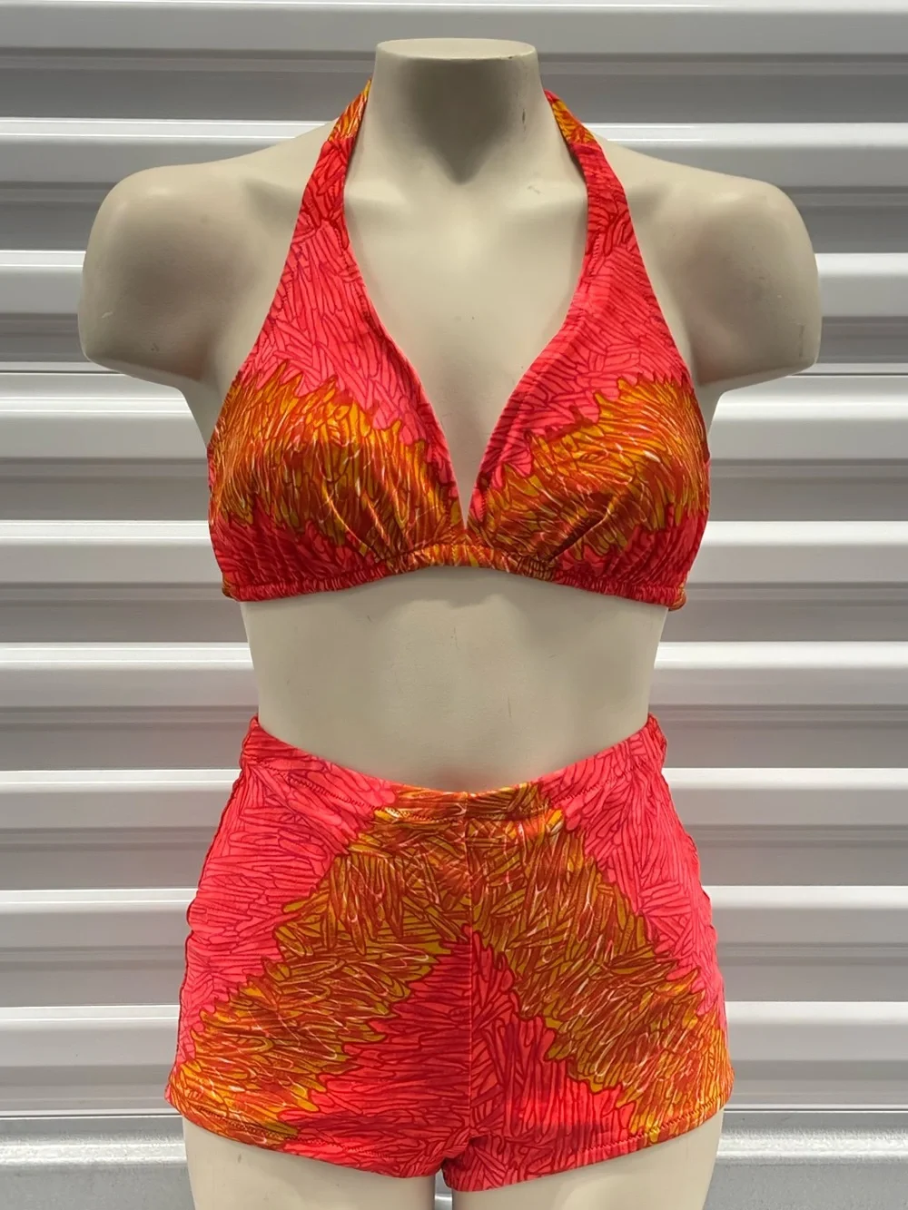 De Weese Designs Vintage Halter High-Waist Two-Piece Swim Set in Coral & Gold